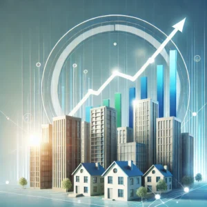 DALL·E 2024-08-21 19.10.14 - A modern and sleek image illustrating the real estate market, featuring a rising graph with buildings in the background representing growth and invest